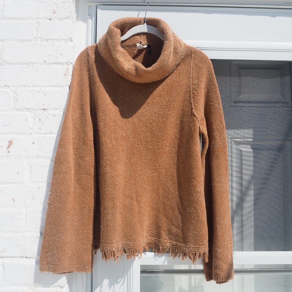 Anthropologie Tan Fringe Turtleneck Sweater